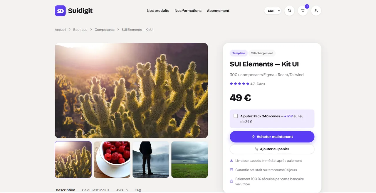 Aperçu de la plateforme — Une page qui vend (EUR)